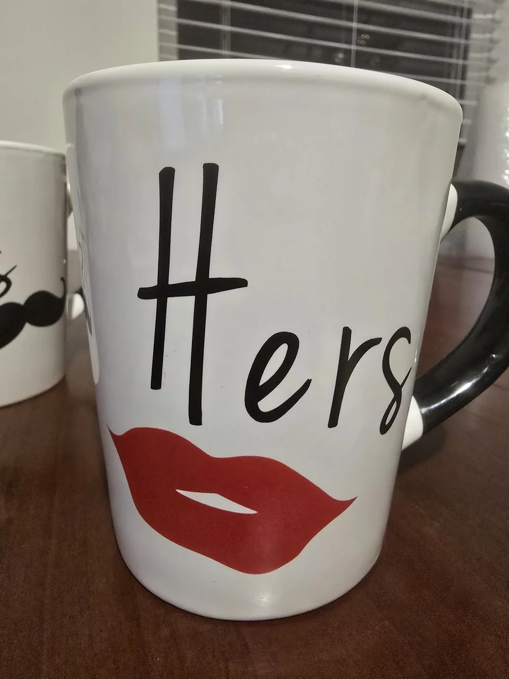 His and Hers White Stoneware 20 oz Mugs Set with Black Mustache and Red Lips 💋